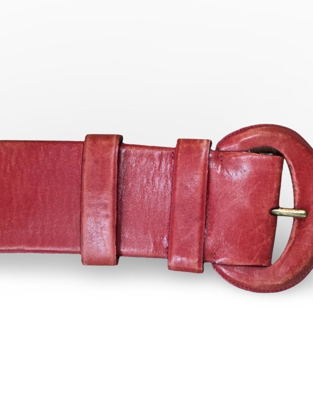 VTG Donna Karan New York Red Leather Waist Belt Made In Italy Statement Buckle